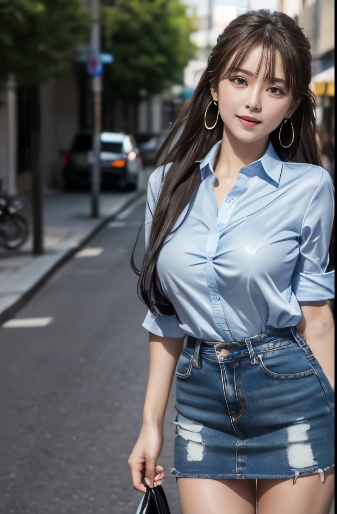 (masterpiece:1.4),(Best Quality:1.4),Ultra high definition,超High resolution,((Detailed facial features)),High resolution,8k resolution,8K RAW photo, One girl sexy Mana,blue sky,Mouth is distorted / :3,(Shiny),street,shirt,Earrings,Short jeans,Large Breasts, Wet Skin,Shiny skin,, mini skirt,Wear knee socks,View your viewers,Perfect fit for your skin,Focus Only,Mischievous face,