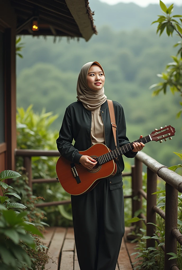 best quality,30 year old beautiful korean hijab woman, pretty face,faint smile,hijab , wearing a hijab, hoodie, long jeans.and play folk guitar. standing on the top of the mountain.
INFORMATION