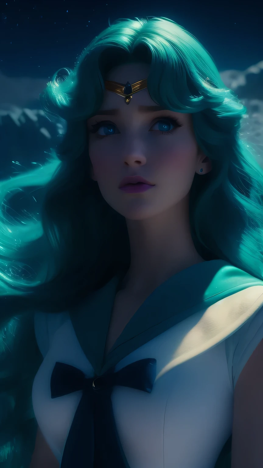 a beautiful sailor neptune, detailed facial features, piercing blue eyes, rosy lips, long eyelashes, turqoise wavy hair, sailor turqoise uniform with a blue bow, portrait in a magical fantasy landscape, colorful flowers, glowing moon in the night sky, dramatic lighting, cinematic composition, high quality, 8k, intricate details, vibrant colors, digital art, concept art style