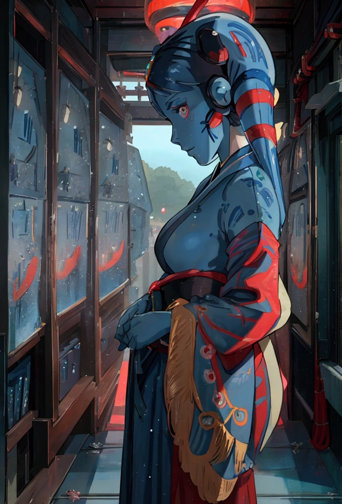 Star Wars,Aayla Secura, a female twi'lek,blue skin, red Kimono,As Geisha, anime, blue lighting lightsaber, Studio Ghibli style,anime, in Japanese beautiful traditional ryokan, beautiful high detailed face, high quality, masterpiece, 8k