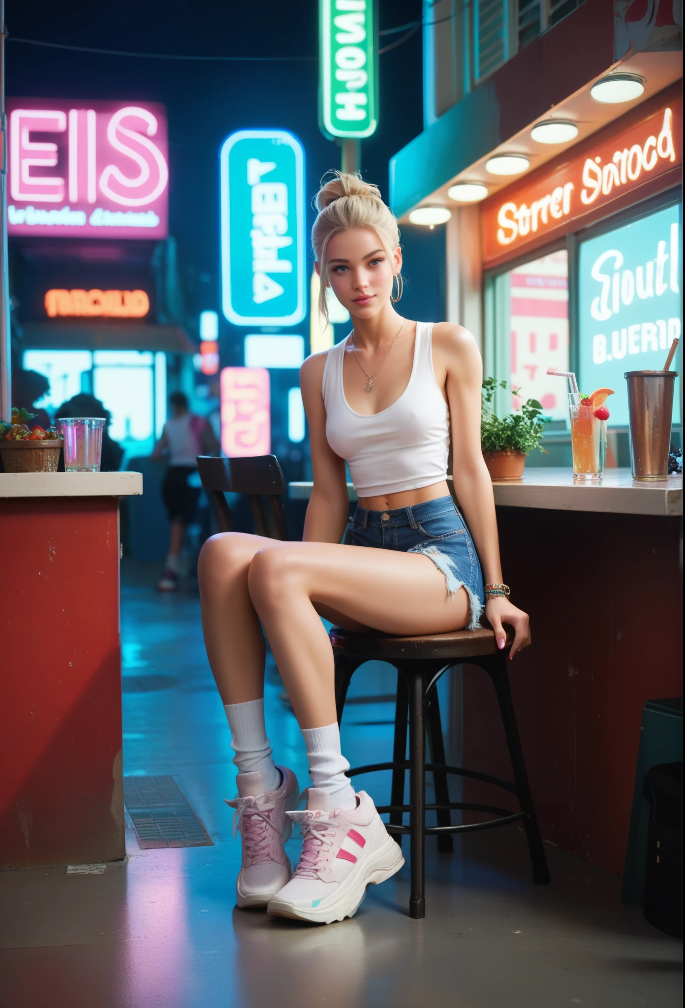 score_9, score_8_up, score_7_up, 

a skinny teenage girl with a blond hair is sitting on a high chair, in the street. The girl is wearing a tank top, a miniskirt, white socks and sneakers. She has a necklace around her neck. The scene is bathed in the soft glow of neon lights