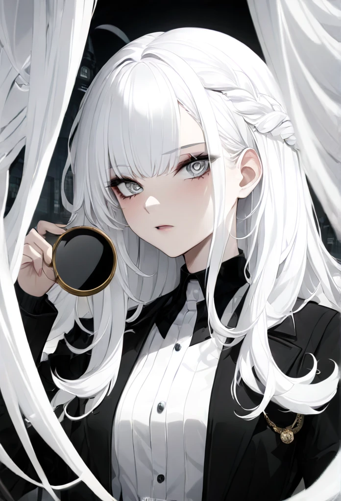 expressions, serious, high detail, anime, Gothic art, anime style, UHD, retina, masterpiece, accurate, anatomically correct, textured skin, super detail, high details, high quality, award winning, best quality, highres, 8k, 16k, anime girl, white hair, detective, dark fantasy,  darkness, shadow, minimal lighting, detailed eyes detailed pupils, detective costume, investigate, magnifying glass, solo, investigate, dynamic pose, wide shot, half body, night city bakground