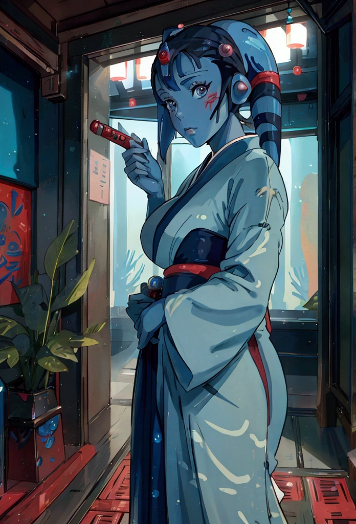 Star Wars,Aayla Secura, a female twi'lek,blue skin, red Kimono,As Geisha, anime, blue lighting lightsaber, Studio Ghibli style,anime, in Japanese beautiful traditional ryokan, beautiful high detailed face, high quality, masterpiece, 8k