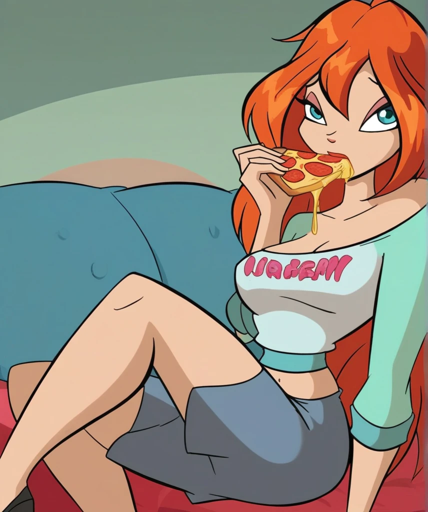 sam, totally spies, on all fours, skirt, bare shoulders, closed eyes, orange hair, blowjob, small penis, side view, black kid standing, bedroom, bare feet