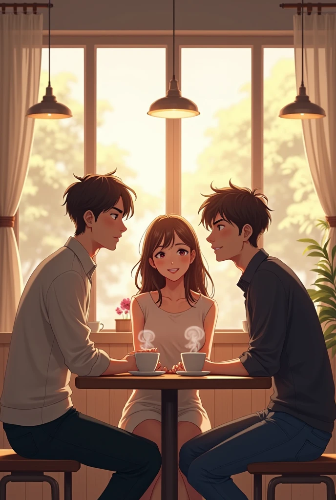 Highest quality, 8k, 1990s style,Hairstyles of the 2010s, 21 year old girl, Black Hair, Long Hair, Light brown eyes, City Pop, pants ,Night view, Wear headphones, whole body,  Relax Coffee,table,making,look at me, Black cat