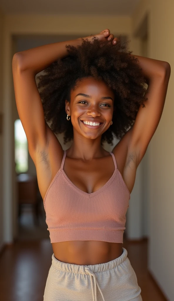 A black woman with muscular arms, wearing afro, raising her muscular arms above her head, she is feeling hot, your armpits are wet with sweat, she is sitting on a bedroom bed, alone. She is wearing a white tank top.