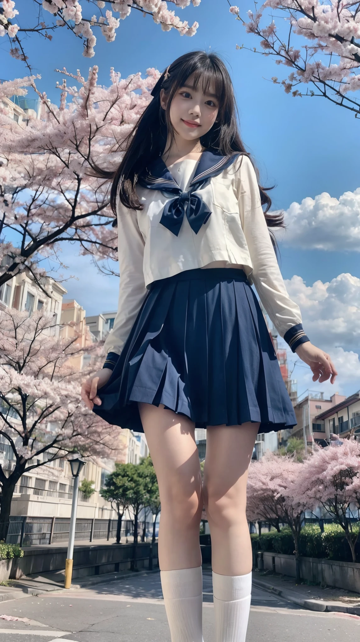 ((Masterpiece(1.3)、Best Quality、Highest quality(8k)、Ultra-high resolution、Extremely detailed))、Japanese、Young lady、clear、beautiful girl、High school girls、Idol、Golden ratio body shape、E Cup、Narrow waist、Firm Hips、Sailor suit、mini skirt、Knee-high socks、Brown Loafers、Tree-lined street in front of the school in early spring、Cherry blossom trees、