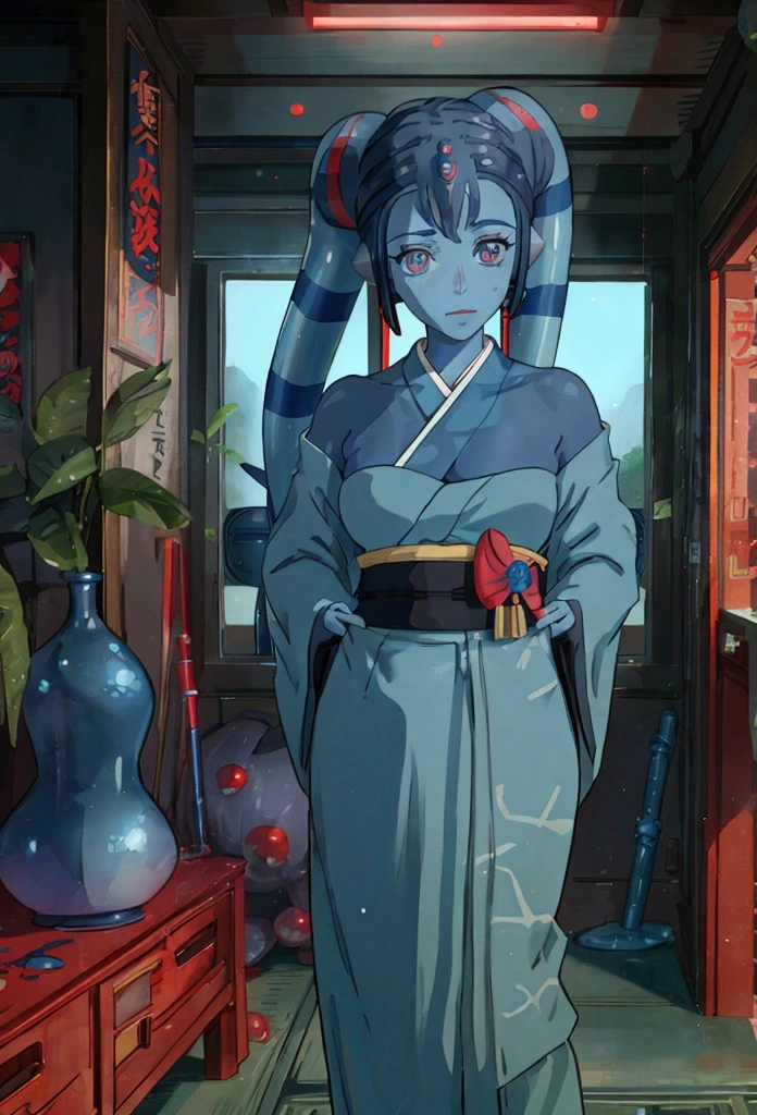 Star Wars,Aayla Secura, a female blue skin twi'lek ,wearing red gorgeous Kimono,As Geisha, anime, blue lighting lightsaber, Studio Ghibli style,anime, in Japanese beautiful traditional ryokan, beautiful high detailed face, high quality, masterpiece, 8k