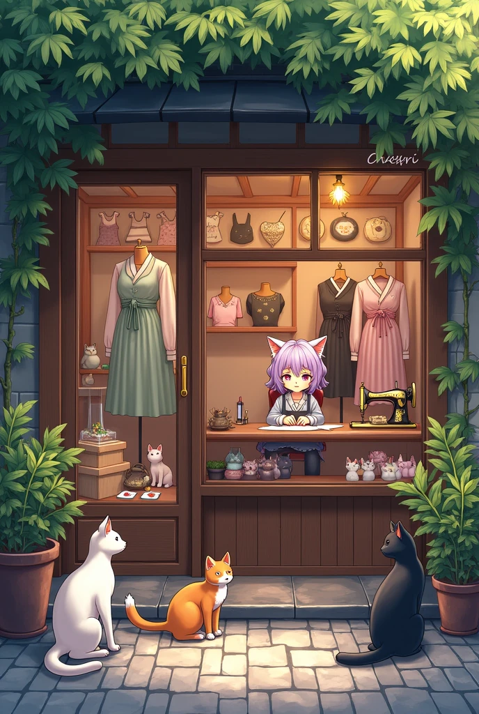 Une devanture de boutique de style japonaise avec beaucoup de végétation, des lumières chaleureuses et plusieurs chats mignons de toutes les couleurs devant, des portant de vêtements de couleur pastel et noir en vitrine ainsi que des bijoux magiques, à l'intérieur une fille mignonne aux cheveux violets clair, avec des oreilles de chats qui couds sur une machine à coudre ancienne.