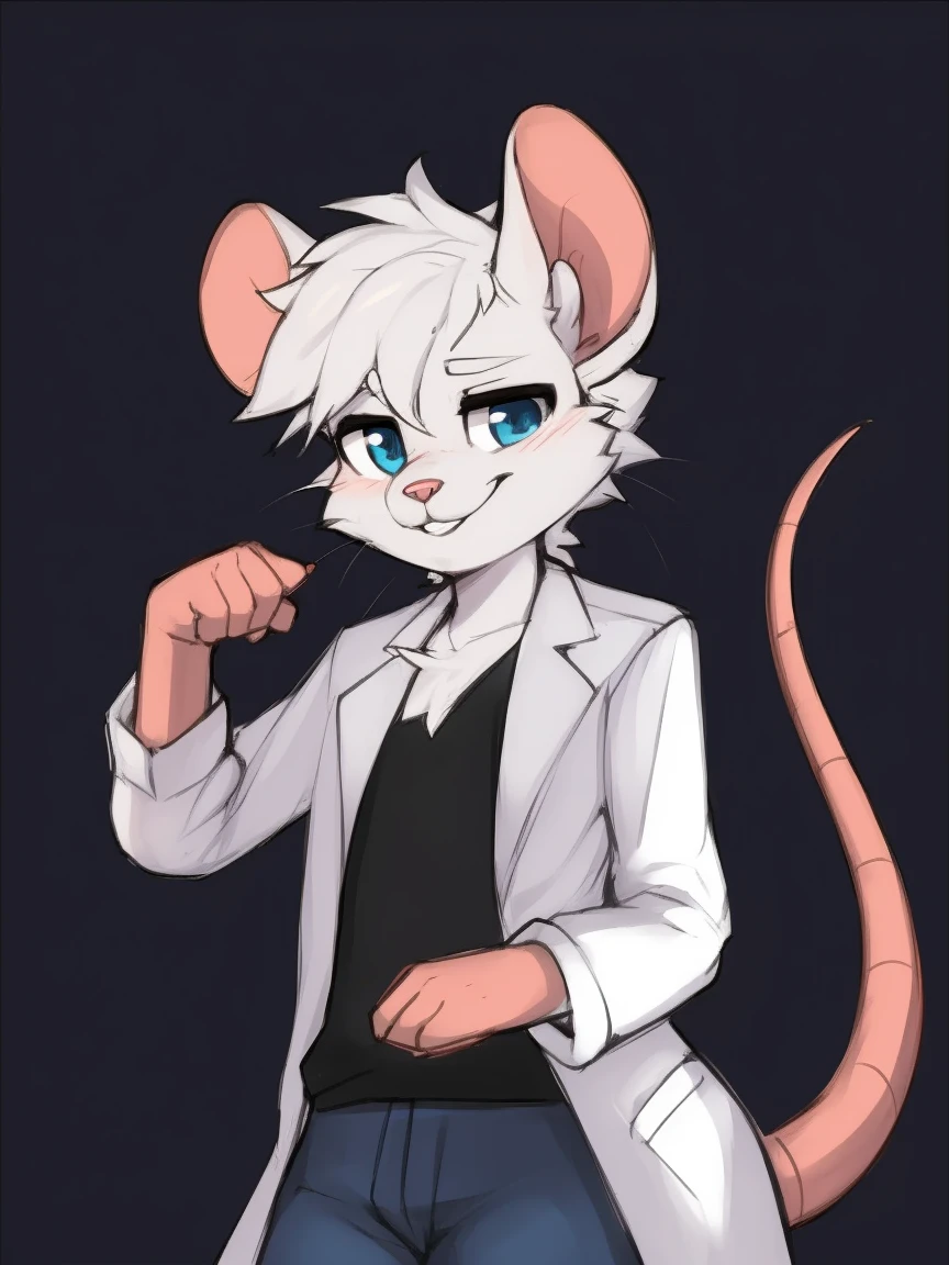 Best quality, Super detailed illustration, cartoon illustration, ultra high 4k quality, ((masterpiece, best quality)) by zackary911,zackary911, fluff-kevlar, by fluff-kevlar, anthro mouse, large mouse ears, mouse nose, mouse whiskers, buckteeth, white fur, male, solo, one character, furry character, furry male. blue eyes, big ears, white lab coat, blue shirt, blue jeans, white fur. fluffy fur, big rat tail, serious face, only one tail, dark background, no hair, beautiful smug smile