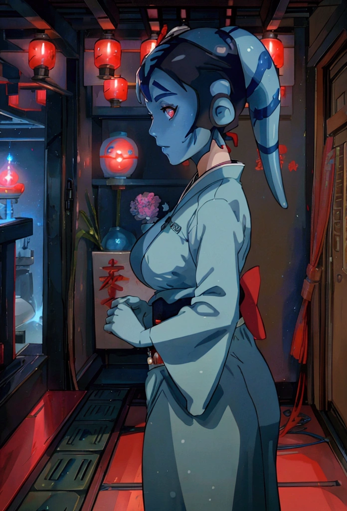 Star Wars,Aayla Secura, a female blue skin twi'lek ,wearing red gorgeous Kimono,As Geisha, anime, blue lighting lightsaber, Studio Ghibli style,anime, in Japanese beautiful traditional ryokan, beautiful high detailed face, high quality, masterpiece, 8k