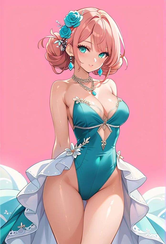 detailed aqua eyes, pink hair, (aqua eyes), Official art, Unity 8k Wallpaper, Ultra-detail, Beautiful and aesthetic, masterpiece, Best Quality, 1girl, huge , Extremely detailed, elegant, vivd color, romanticism, arms behind back,  shiny skin, sexy pose, ((pink background)), heavy blushing, upper body, straight on, (cleavage), perfect thighs, standing, casual, funky graphic design,
