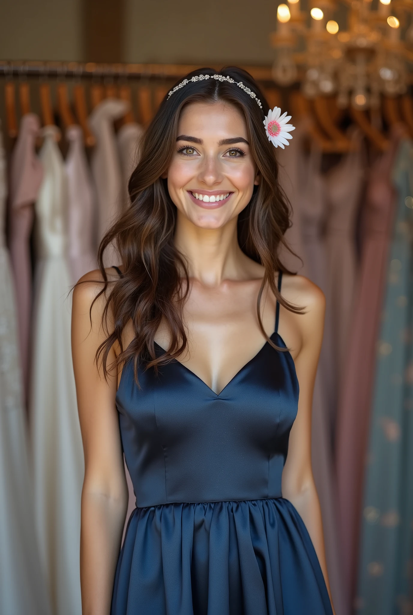 Arafed Femme portant un débardeur blanc et un collier, Fille sexy aux yeux verts, Portrait Sophie Mudd, cheveux bruns et grands yeux, selfie d'une jeune femme.
Essaie une robe élégante devant un miroir plein longueur dans une cabine d’essayage. Elle porte une robe de soirée bleu royal avec des détails en dentelle. Ses cheveux bruns sont lâchés en boucles douces. Sans maquillage, ses yeux verts sont captivés par son reflet. En prenant un selfie, elle se tient avec une main sur la hanche et l'autre posée en léger mouvement, montrant la robe sous différents angles avec le miroir reflétant l'ensemble du vêtement. Son sourire est radieux, capturant la beauté et le confort de la robe.