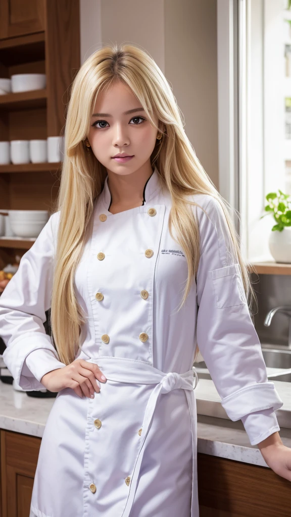 hight resolution, Masterpiece, Nakiri Erina, shokugeki no souma, blond, 独奏, 1girl, Cute, A detailed eye, Long hair, violet eyes, Chef's equipment, White jacket, white pants