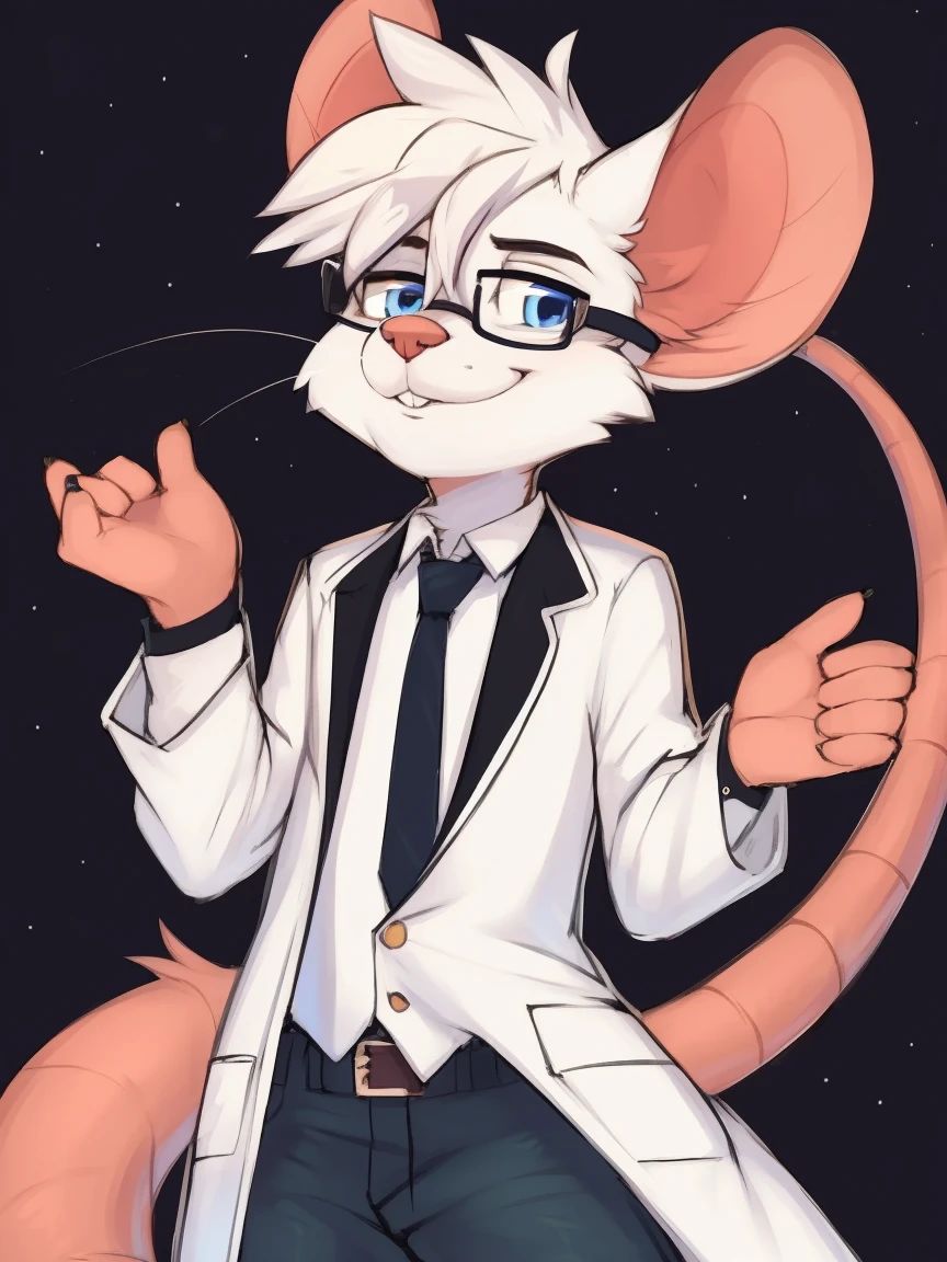 Best quality, Super detailed illustration, cartoon illustration, ultra high 4k quality, ((masterpiece, best quality)) by zackary911,zackary911, fluff-kevlar, by fluff-kevlar, anthro mouse, large mouse ears, mouse nose, mouse whiskers, buckteeth, scientist glasses, white fur, male, solo, one character, furry character, furry male. blue eyes, big ears, white lab coat, blue shirt, blue jeans, white fur. fluffy fur, big rat tail, serious face, only one tail, dark background, no hair, beautiful smug smile