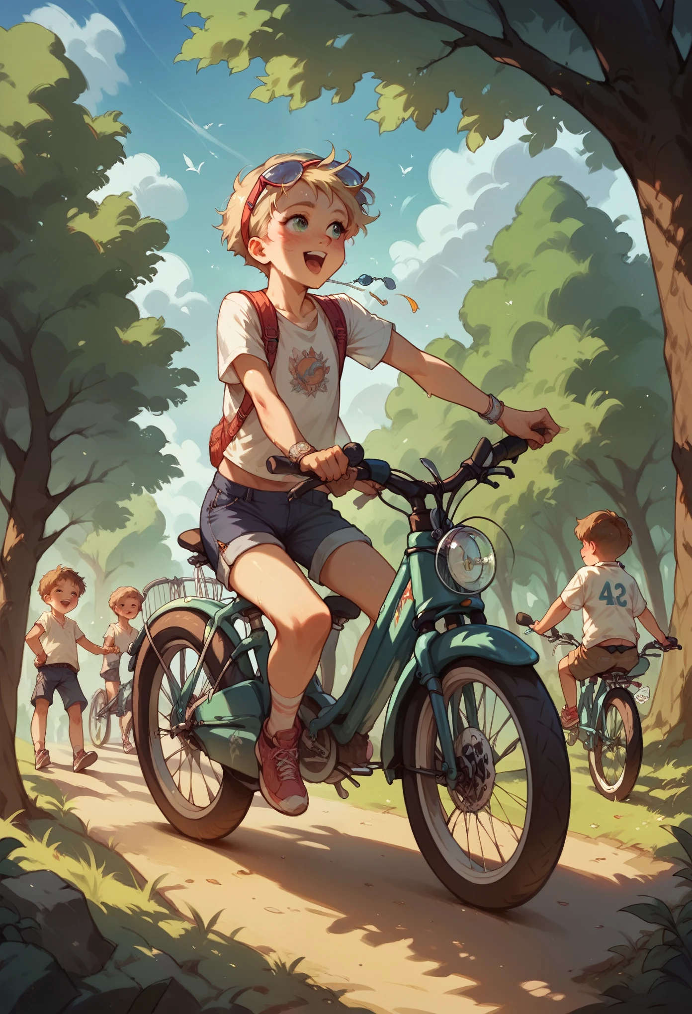 Illustration of several children riding bicycles among trees 