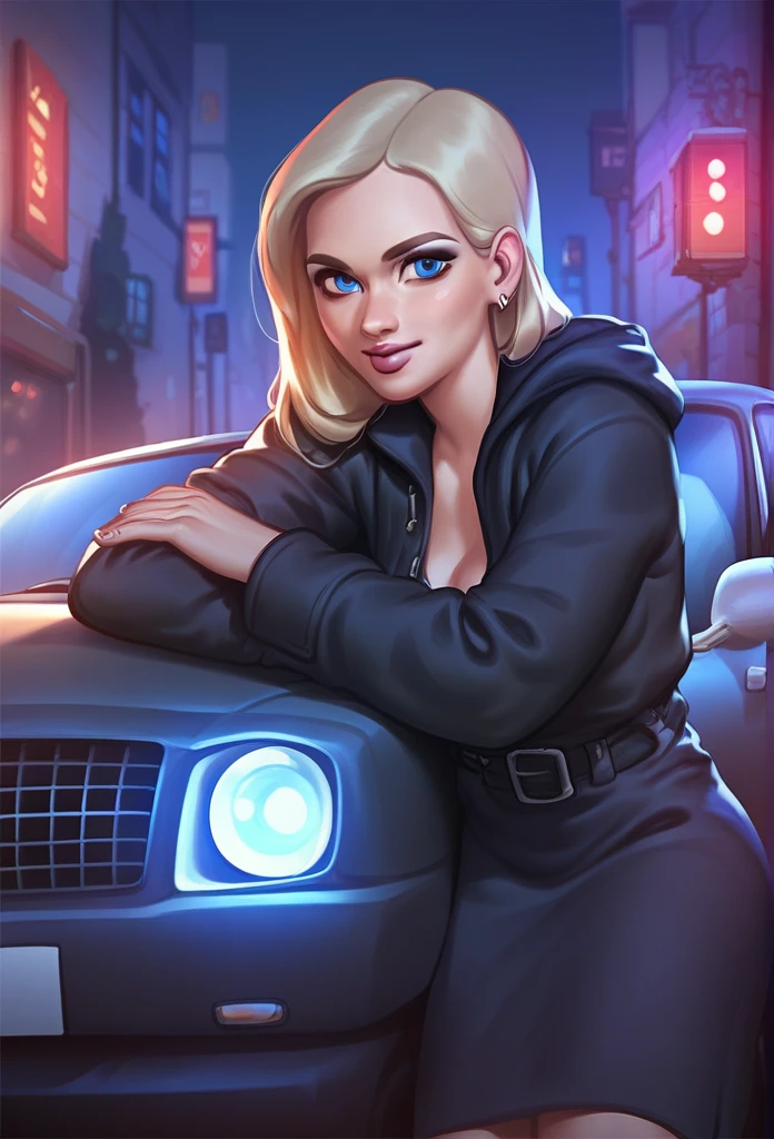 Emily, young woman, blue eyes, long blonde hair, is wearing a black overcoat. It's on the street. Leaning against a car. Expression of would be. this night