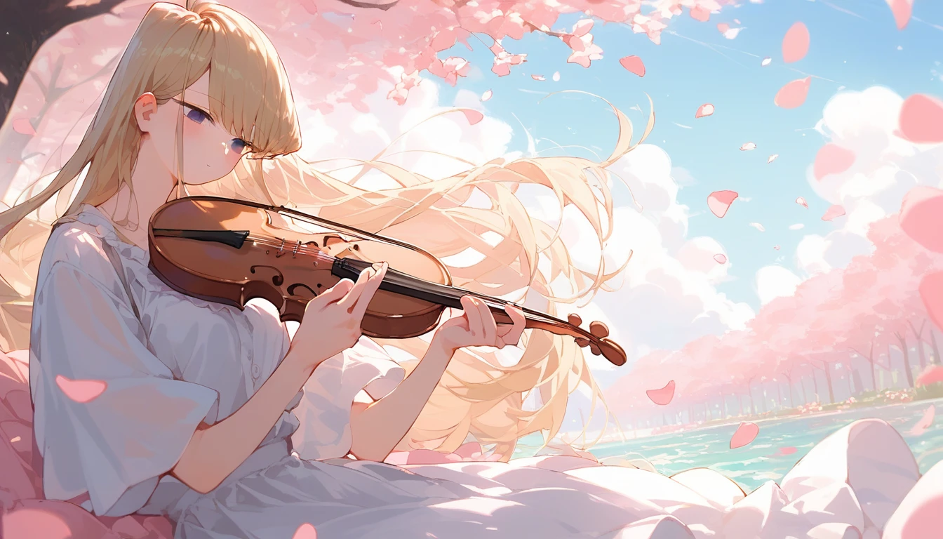 Komi, anime girl playing violin with pink petals in background, blonde anime girl with long hair,