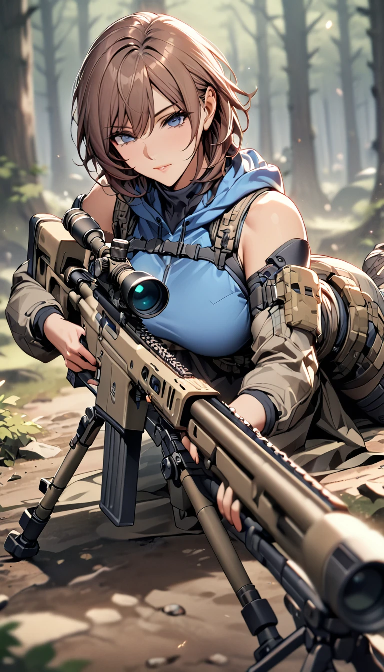 (masterpiece),(Best Quality),(High resolution),(Very detailed),One Woman,4,Mature Woman,Japanese,,Short Hair、Beautiful Eyes,Long eyelashes,Beautiful Hair,Beautiful Skin,Brown Hair、strict,whole body,break(((aim at something with a sniper rifle))),((View attractions))(Lying down),((Sniper Rifles)),Blue sleeveless hoodie、Combat Boots, Tactical Foster,Tactical Headsets,(The background is a deep forest),(((Background Blur)))