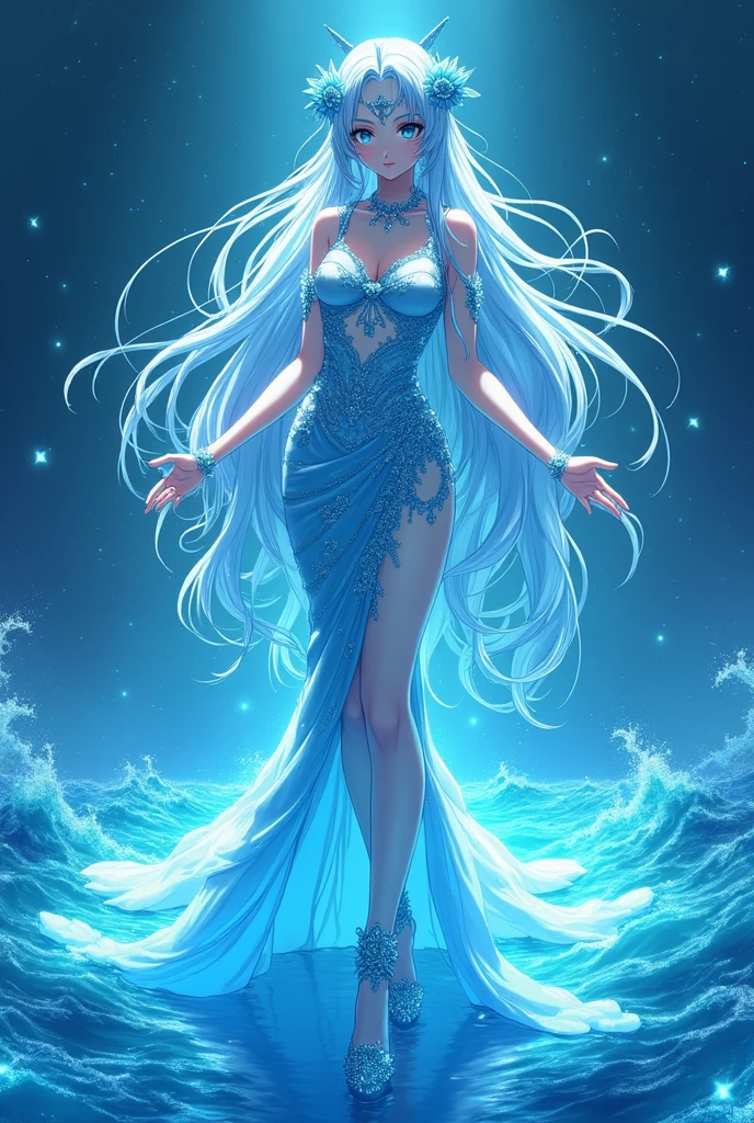 Young woman in a glowing dress is standing on the beach, flowing magical robe, lady with glowing flowers dress, luminous dress, light dress, blue swirling dress, glow wave, dress made of neon light, glowing flowing hair, magical dress, flowing robes, glowing with magic, luminescent fabrics, glowing oil, rippling fabric of reality, glowing liquid