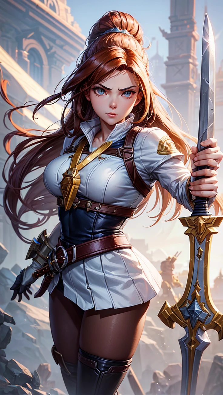 A full-body shot of Princess Zelda, brown hair, blue eyes, dressed as an Assassin from Assassins Creed, in white+gold with a white mask and hood with gold details, XL bust, using a glowing blue+gold kunai. Ready to battle, fighting stance, Background: A city at night during the renaissance period. Unreal Engine 5, Anime, Anime style, Masterpiece, Well drawn eyes, well drawn face, well detailed eyes, well detailed face, 8k, light and shadow effect. --auto --s2