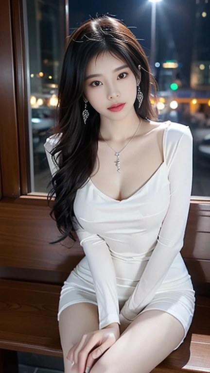 rayen dress
short dress
long sleeves
sleeves past wrists
cleavage ((whole body)), ((Shot from random angles)), ((Sitting)), (yushuxin,1 Girl,Solitary), Clear face, Pretty Face, 8k, masterpiece, original photo, best quality, detail:1.2,lifelike, detail, Very detailed, CG, Unite, wallpaper, Depth of Field, Movie Lighting, lens flare, Ray Tracing, (Extremely beautiful face, Beautiful lips, beautiful eyes), Complex, detail's face, ((ultra detailed skin)), 1 girl, in the darkness, Deep Shadows, Beautiful Korean girl, Korean Idol,(Very slim figure:1.3), Full breasts, Large Breasts, Slender sexy legs, Very beautiful legs, Elegant posture, (A bright smile), (City night, (Neon), (night), Beautiful Korean girl, White Diamond Earrings, Bracelet diameter, Deya Necklace, Clear eyes, (big eyes)