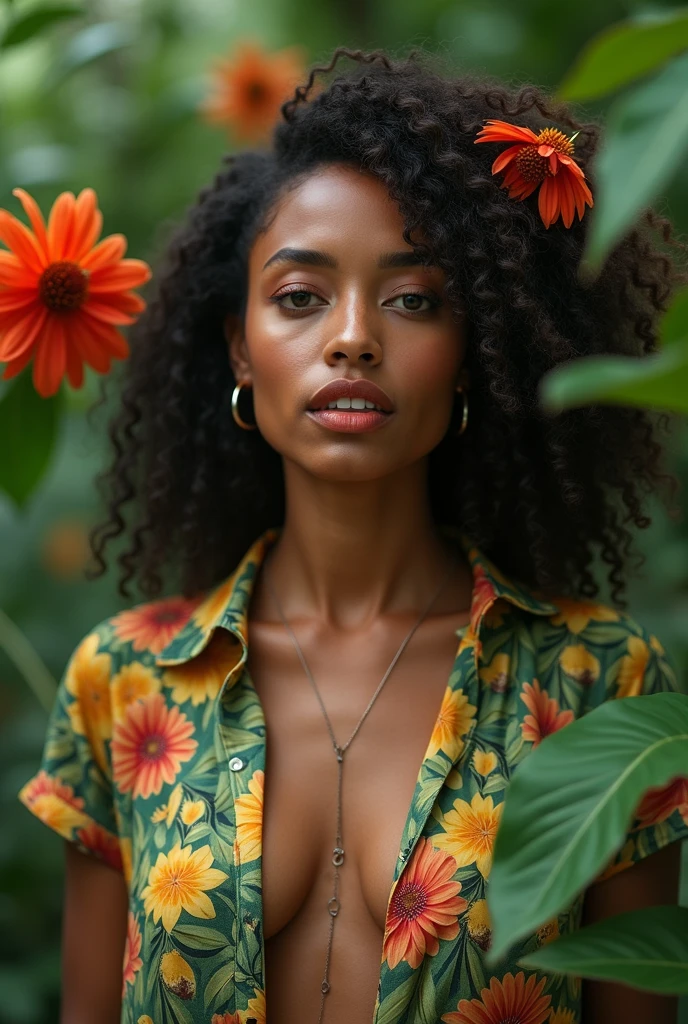 A Brazilian woman in a lush tropical garden, wearing an open shirt with a floral print, with a close-up capturing the harmonious beauty between her breasts and the natural flowers, showing off your natural charm and outgoing personality.