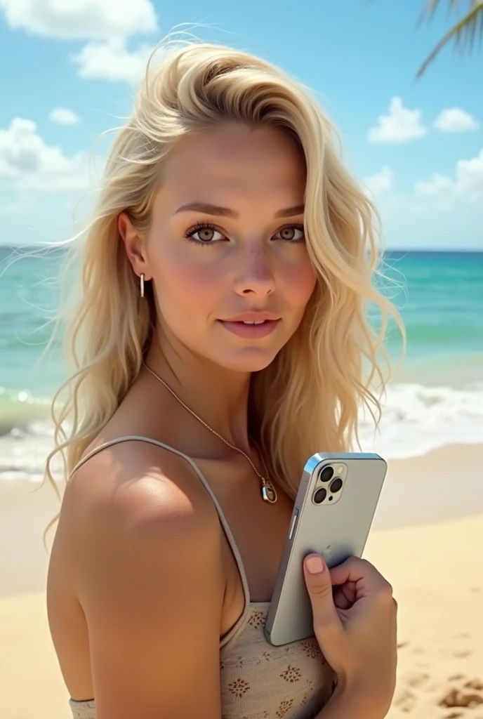 There is a young girl posing for a photo on the beach, (same face in the photograph) naked, blonde, fitness body, ABS, toned legs,round buttocks and fitness, flat chest,expanded neck, tanned body, unclothed, with sunglasses, exposed tits, exposed chest, exposed vagina, nothing covers his torso, is 100% naked y sexi, the girl has a shaved vagina.