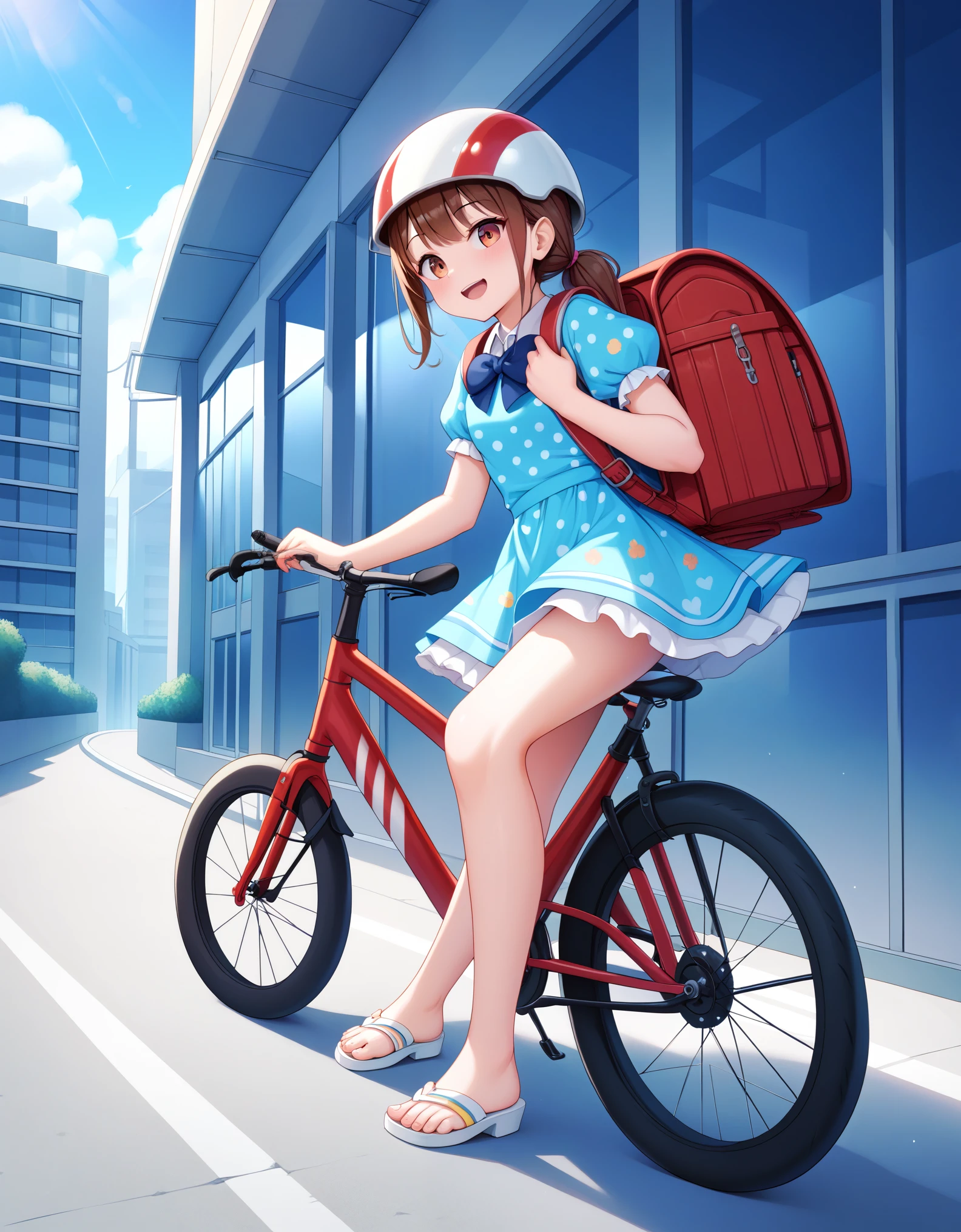 Masterpiece, hd, best quality, detailed, 1girl, brown hair, wearing cycling helmet, wearing dress, cute dress, colorful dress, summer dress, bowtie, puffy sleeves, short sleeves, wearing school backpack, red backpack, wearing sandals, fullbody, riding a bicycle, bicycle, streets, city