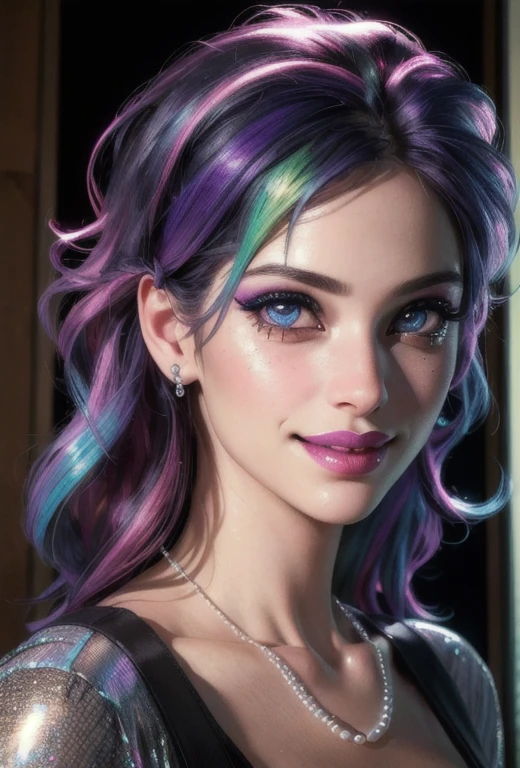 1girl, holographic punk style, rainbow hair, detailed face, beautiful detailed eyes, beautiful detailed lips, long eyelashes, grinning expression, indoor scene, jewelry, elaborate makeup, pearl necklace, dark goth aesthetic, dynamic pose, vibrant colors, high contrast, dynamic lighting, photorealistic, 8k, (best quality, 4k, 8k, highres, masterpiece:1.2), ultra-detailed, (realistic, photorealistic, photo-realistic:1.37)