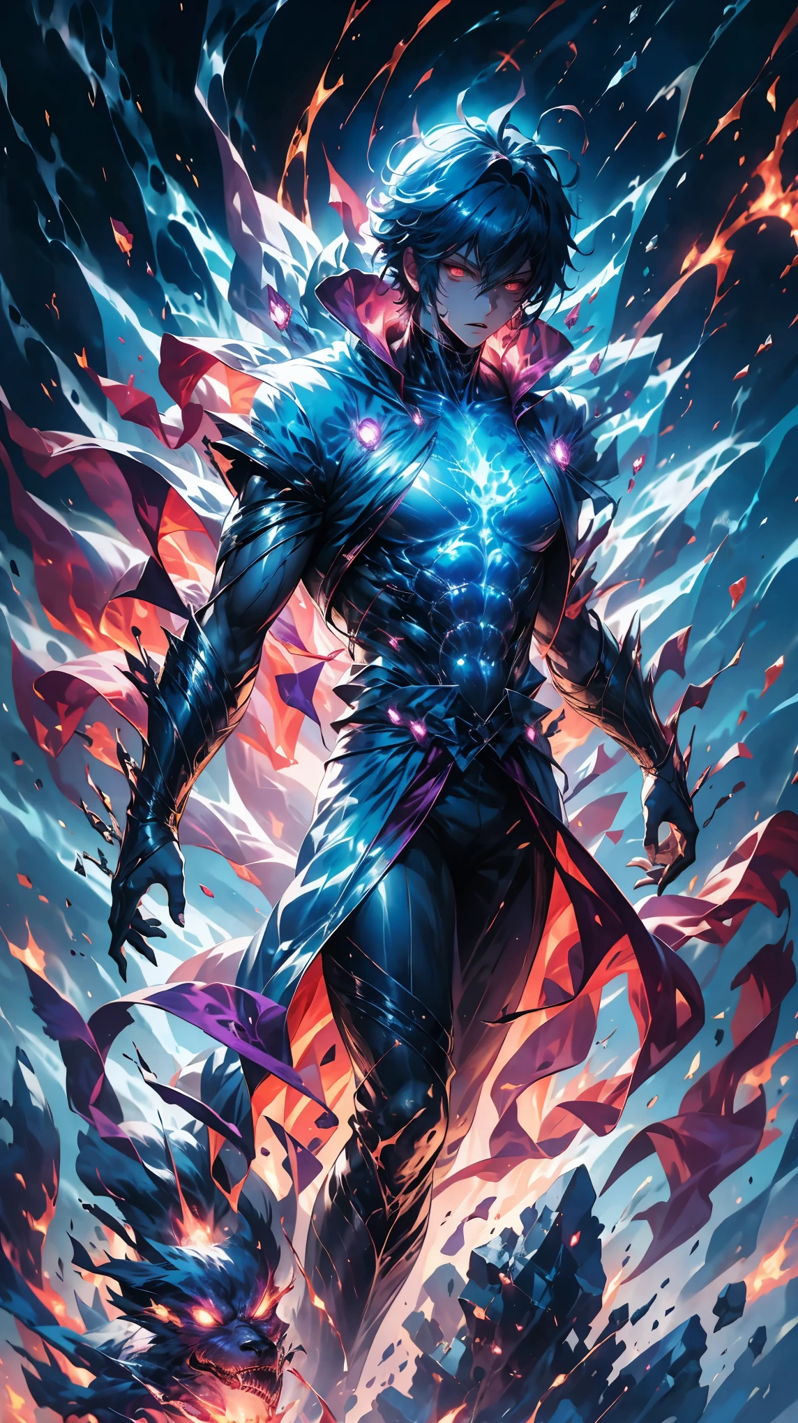 epic anime style, purple lightning, evil temperament, 20-year-old male shadow assassin, glowing black aura, shadow supervisor, handsome face, brilliant and majestic. Beautiful standard body and complete body structure. full body shot of a man with lightning in his hand, an epic anime about a purple energy man, in a battle stance with dark hair and glowing eyes looking at the viewer. Cool Gapmoe Yandere, menacing look, gintama's Hijikata Toushirou, inspired by Masanobu Okumura, the originator of the anime art style, Nobutaka Ike, the night war rages behind him. Highest image quality 8K, details everything 8K.