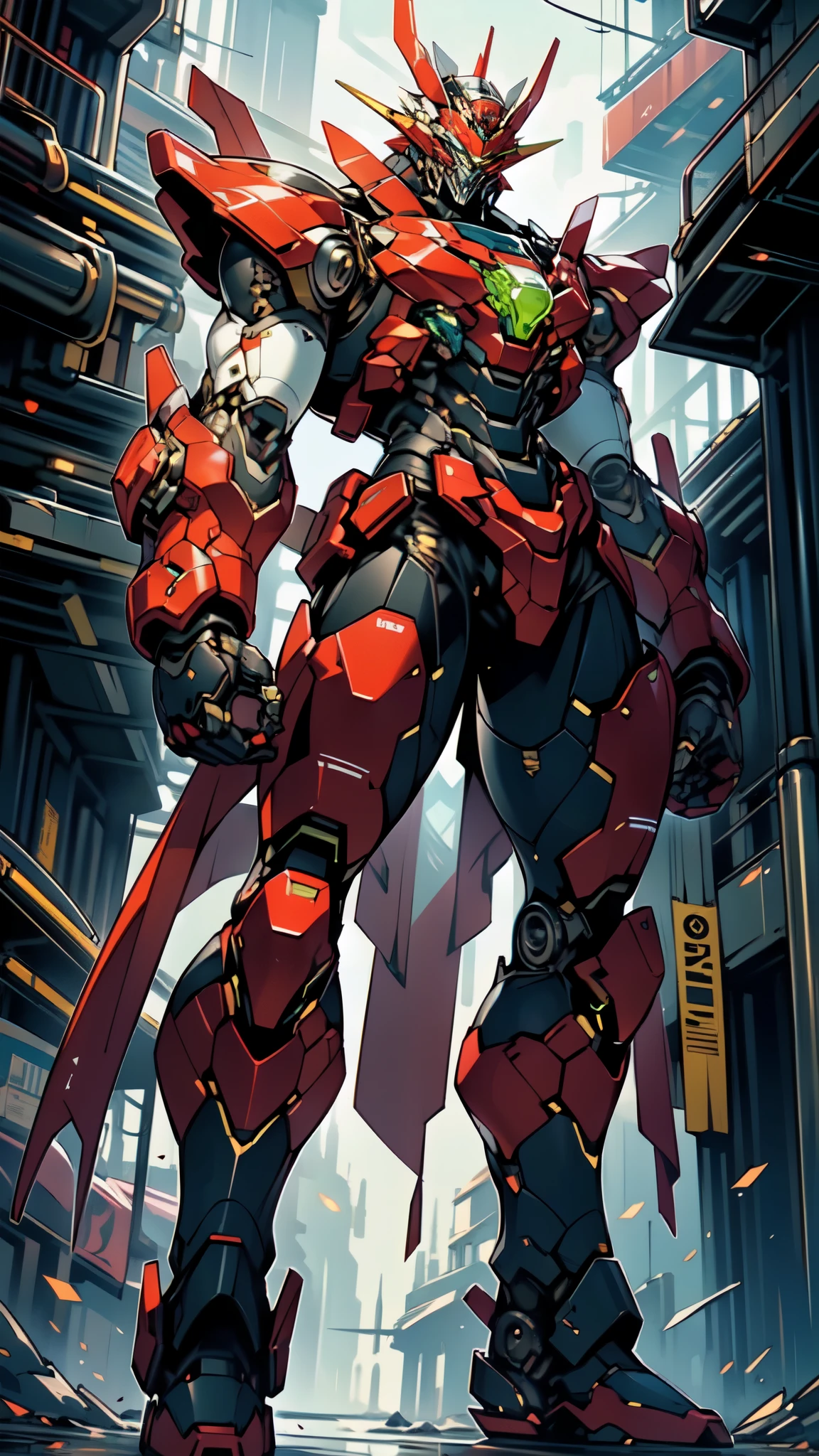 (masterpiece:1.5, best quality:1.5, extremely delicate:1.5), (male:1.5), humanoid Mecha, fully enclosed shoulder guards, matching arm and leg guards, full body, full armor, the design balances heavy with agility, (the color scheme is primarily Black with White and Red accents, the concept Inspired by Super Robot, SRS), organic biotech armor, standing, floating high above the futuristic sci-fi city, exquisite and mature art style, (aura effect, glowing eyes, the armor glows), metallic, dramatic, high definition, highres, ultra-detailed, ultra-fine painting, professional, perfect body proportions, anatomically correct, symmetrical face, extremely detailed eyes and face, high quality eyes, creativity, RAW photo, UHD, 32k, Natural light, cinematic lighting, masterpiece-anatomy-perfect