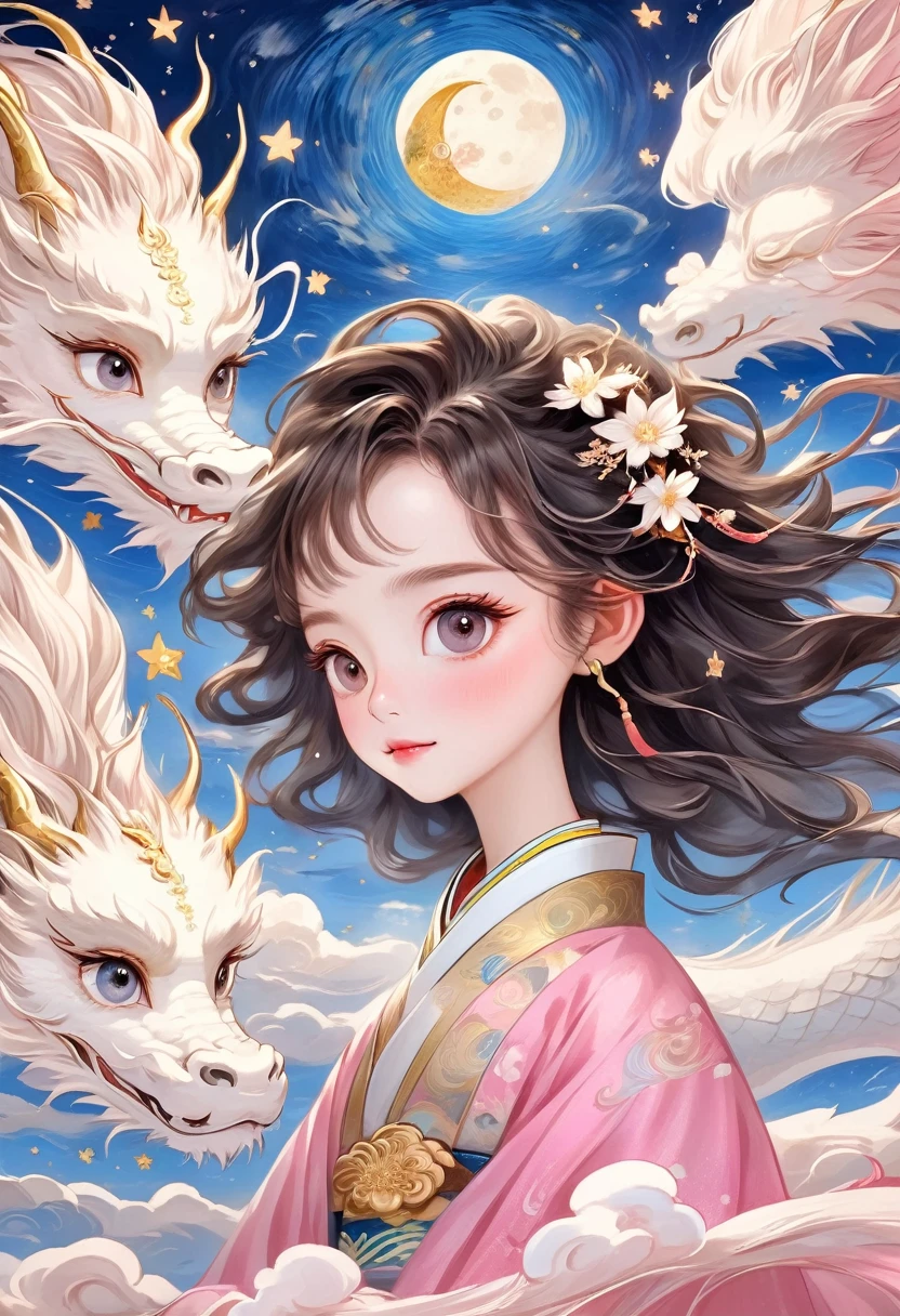 Hand-drawn style：粗糙的Texture，1 boy，1 girl，Beautiful face，Long fluffy hair，Surprise Hairstyle，Big eyes，Bright eyes，Delicate eyelashes，Hanfu，Human anatomy is correct。cloud，Star，moon，white dragon，Beautiful details，Texture，Pink and Gold，Immerse yourself in the art of Van Gogh