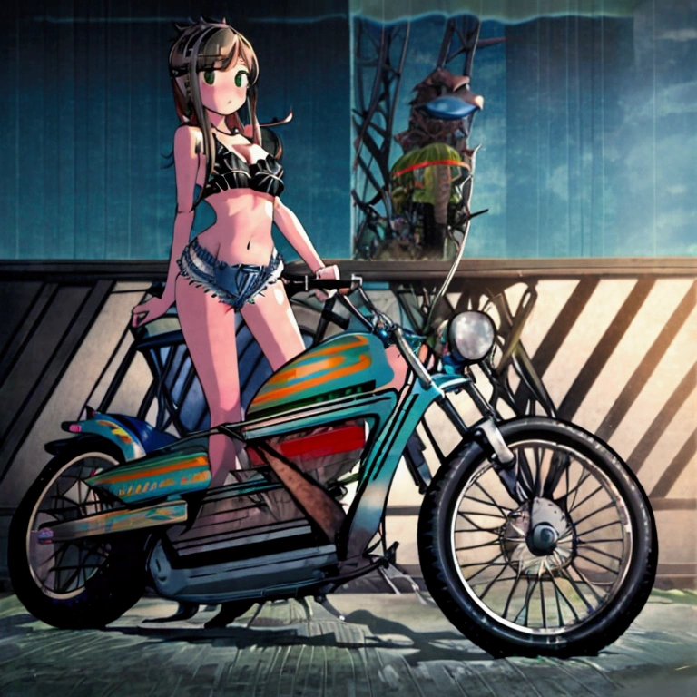 masterpiece,Super detailed,Best Quality,Alone,8k,City background,Honda CL 250,A girl riding a blue scrambler style motorcycle,blush,Light brown hair,Semi-long hair,Light green eyes,topless, (Denim shorts black bikini:1.3),sideboob,Big Breasts,Cleavage,Erect nipples,Denim shorts,Facing forward,NSFW