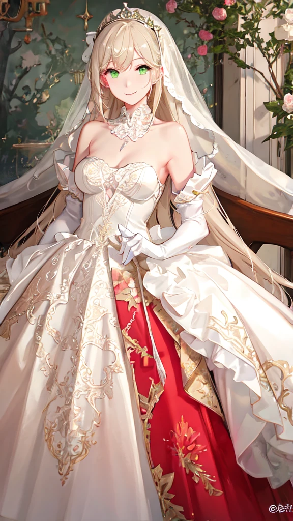 Close-up of beautiful bride wearing beautiful wedding dress, Gurwitz, (bridal veil:1.5), (Transparent short veil:1.5), Blushing face, head flower, headgear, (tube top wedding dress: 1.5), (Silk dress: 1.2) (Strapless wedding dress: 1.5) pure white dress, necklace, earrings, (large breasts:1.3), Deep V peach heart collar wedding dress, bangs, lipstick, (lace gloves: 1.3), whole body, high detail RAW color art, Long white dress, whole body, place your hands behind your back