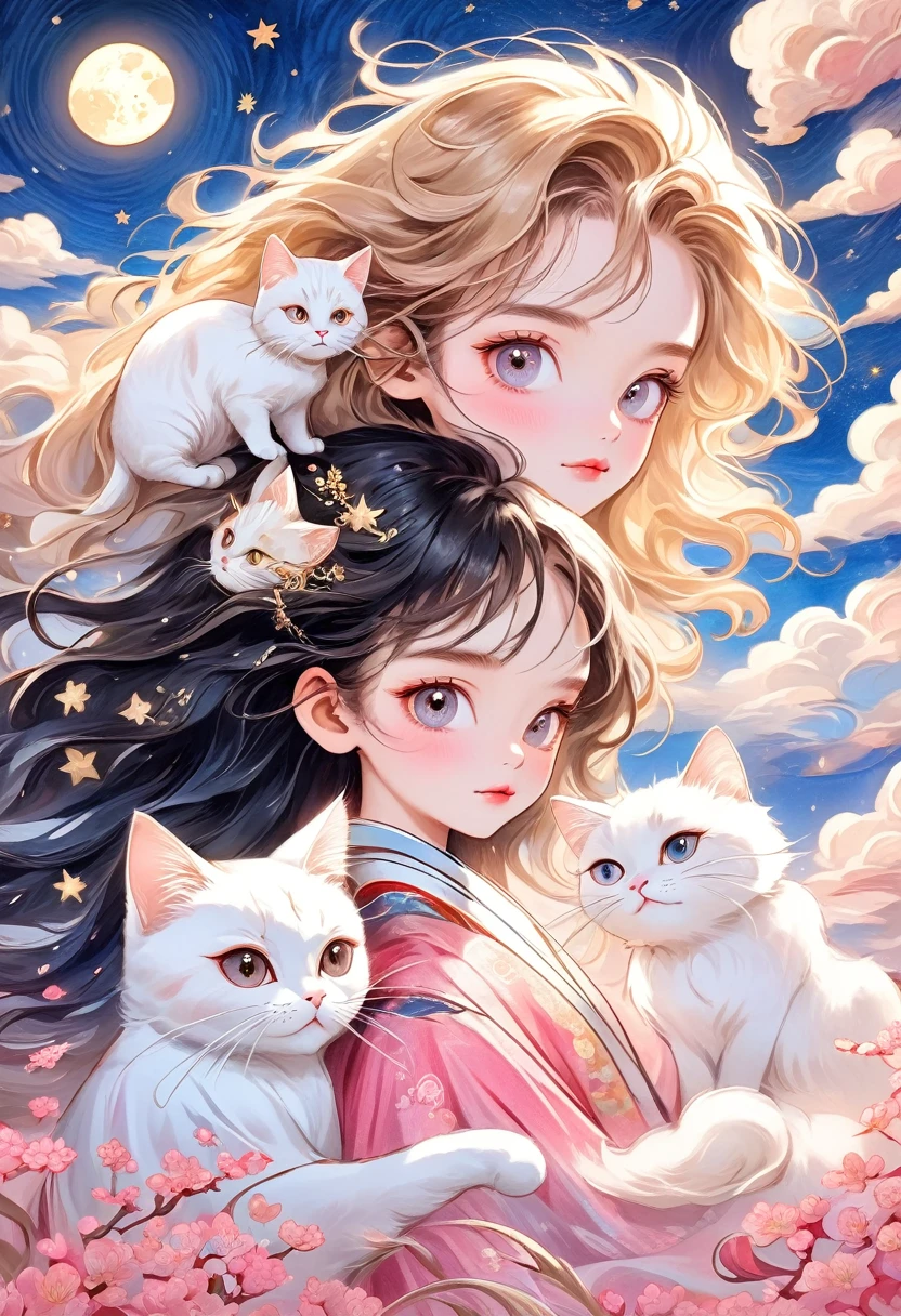 Hand-drawn style：粗糙的Texture，1 boy，1 girl，Beautiful face，Long fluffy hair，Surprise Hairstyle，Big eyes，Bright eyes，Delicate eyelashes，Hanfu，Human anatomy is correct。cloud，Star，moon，white cat，Beautiful details，Texture，Pink and Gold，Immerse yourself in the art of Van Gogh