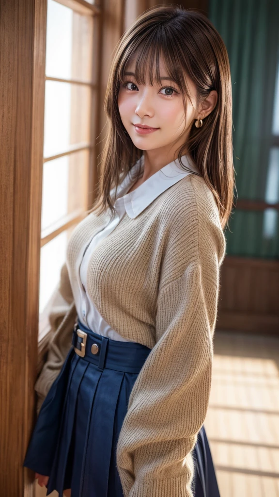 loafers、smile、Bright classroom、(((alone))),(((1 Girl))), beautiful, shape, Highly detailed skin, masterpiece, Highest quality, Highly detailed face, Vibrant colors, Written boundary depth, Cinema Lighting,, One Girl, alone, short hair,skirt,blush, White shirt, masterpiece Highest quality 高解像度、Anna Tanaka , Sit with your knees bent、eight-headed body、beautiful足 、On campus、As if looking up from below、((Embarrassing,blush)),Browsing Caution,White panties,(((White panties)))