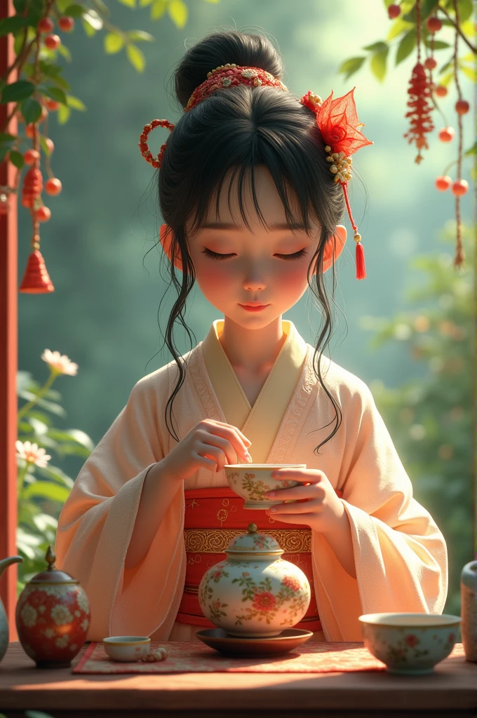 A 9-year-old boy dressed in orange,Practice martial arts in a persimmon garden, A stone table, A teacup, Tang dynasty children's hairstyle, All around are all kinds of weapons,Wearing a white robe, Jade around the waist, and tulle fabric with streamers, Ayara satin,Wide skirt, Streamer decoration,refined demeanor, Poetic and picturesque, A boy in Chinese clothing,Ancient Chinese prince,with acient chinese clothes,The sunny season is the harvest season in autumn,The atmosphere of the picture should render the feeling of autumn,Cover palms,Avoid drawing hands,Avoid women's headgear