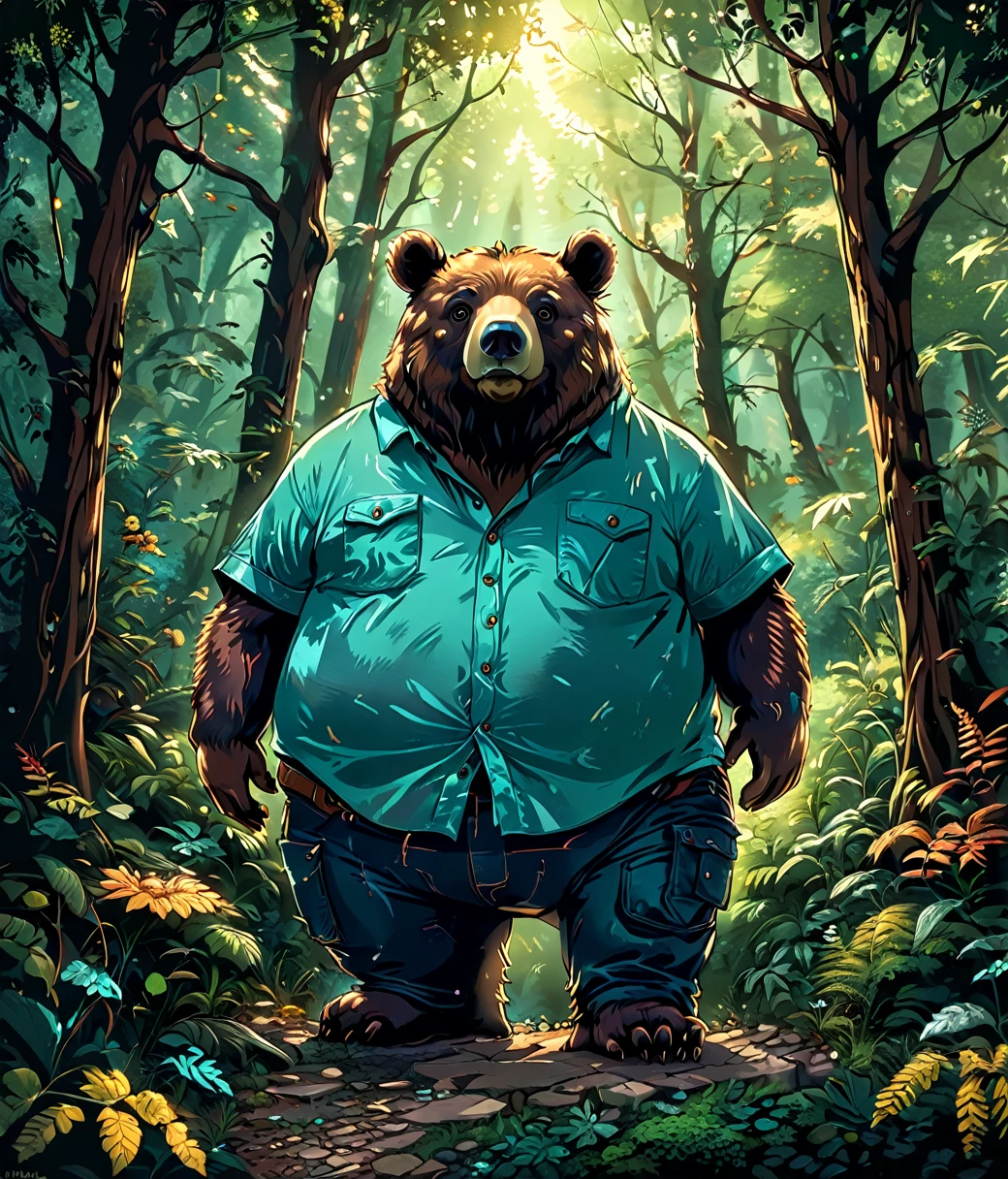 style of Dan Mumford, (cute, fat, obese, anthro, male, bear), solo, full body, ((pants, cyan shirt)), dynamic pose, enchanted forest, hires textures, highly detailed, intricate details, best quality, masterpiece, detailxl