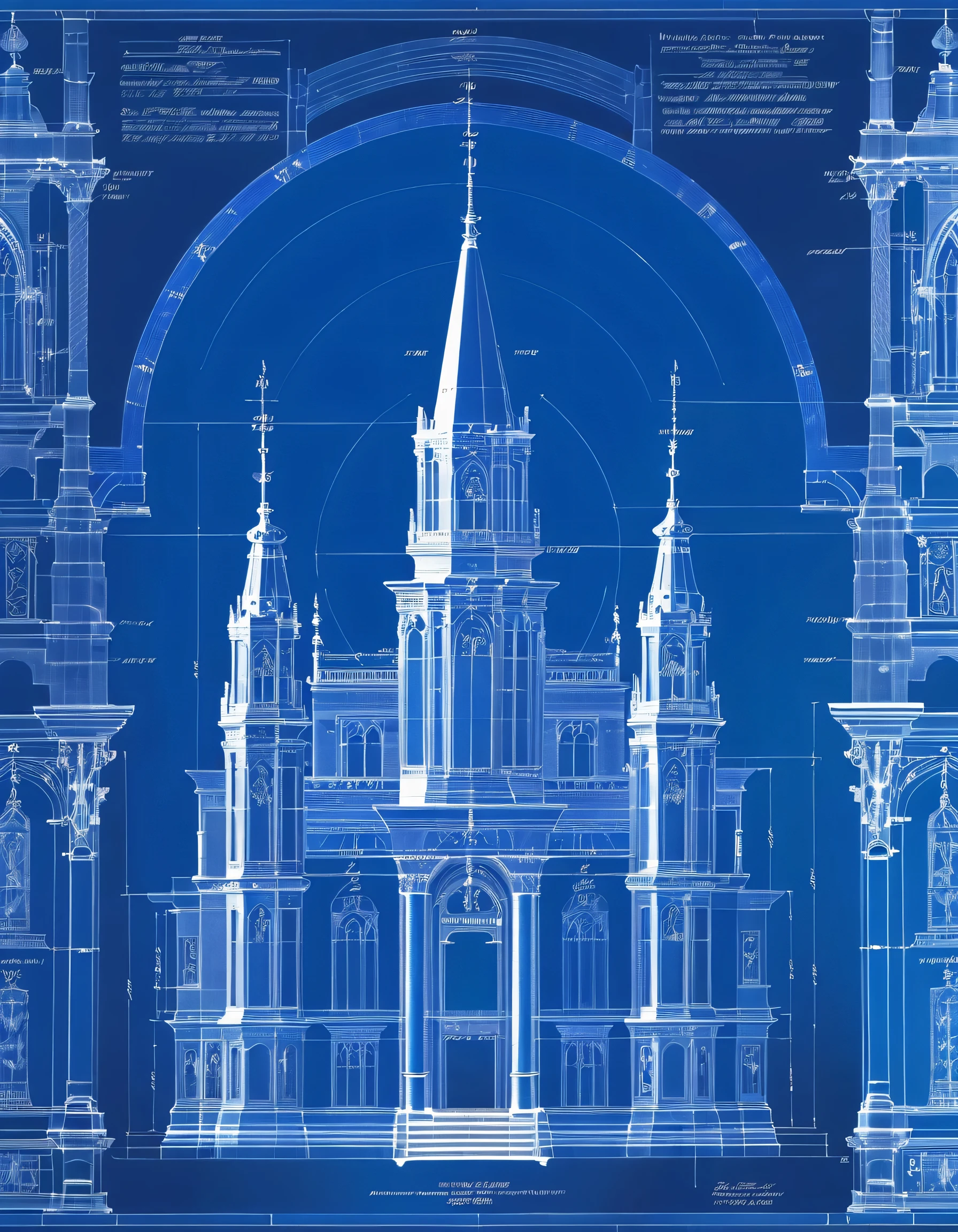 a blue print Architectural Design of a celestial temple with angelic wings, towers, bridges, turrets, gates stained glass windows, bl3uprint