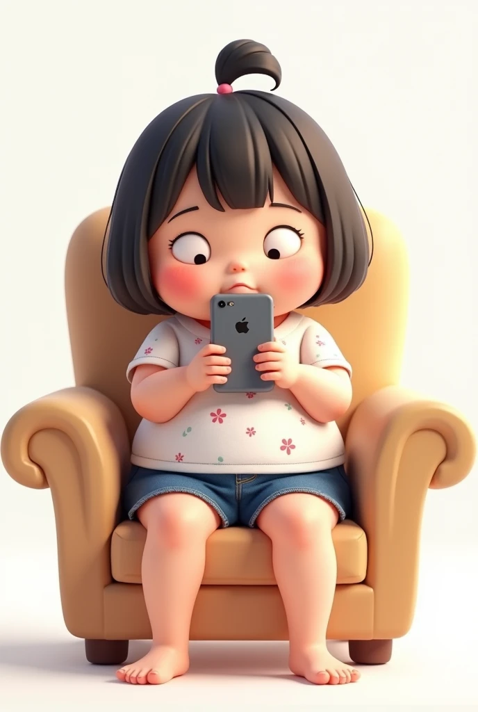 Fat girl, plump , fat girl, Chubby cheeks face, korean , big head, with short bangs, wearing a white floral T-shirt and short jean skirt, sleepy face and open mouth, cartoon, so cute, White background, full body, 3d, 4k,sit on armchair and hold iphone
