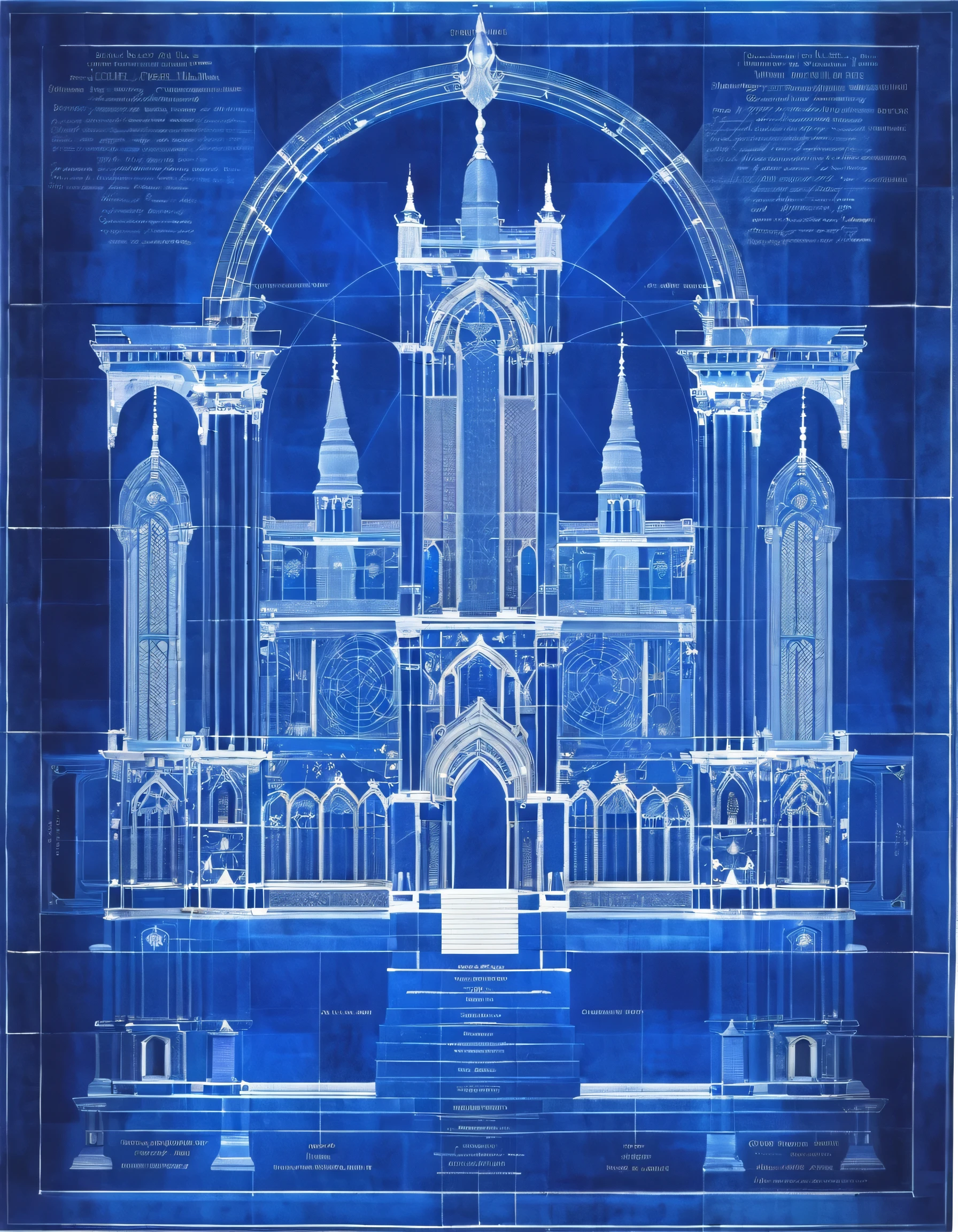 a blue print Architectural Design of a celestial temple with angelic wings, towers, bridges, turrets, gates stained glass windows, bl3uprint