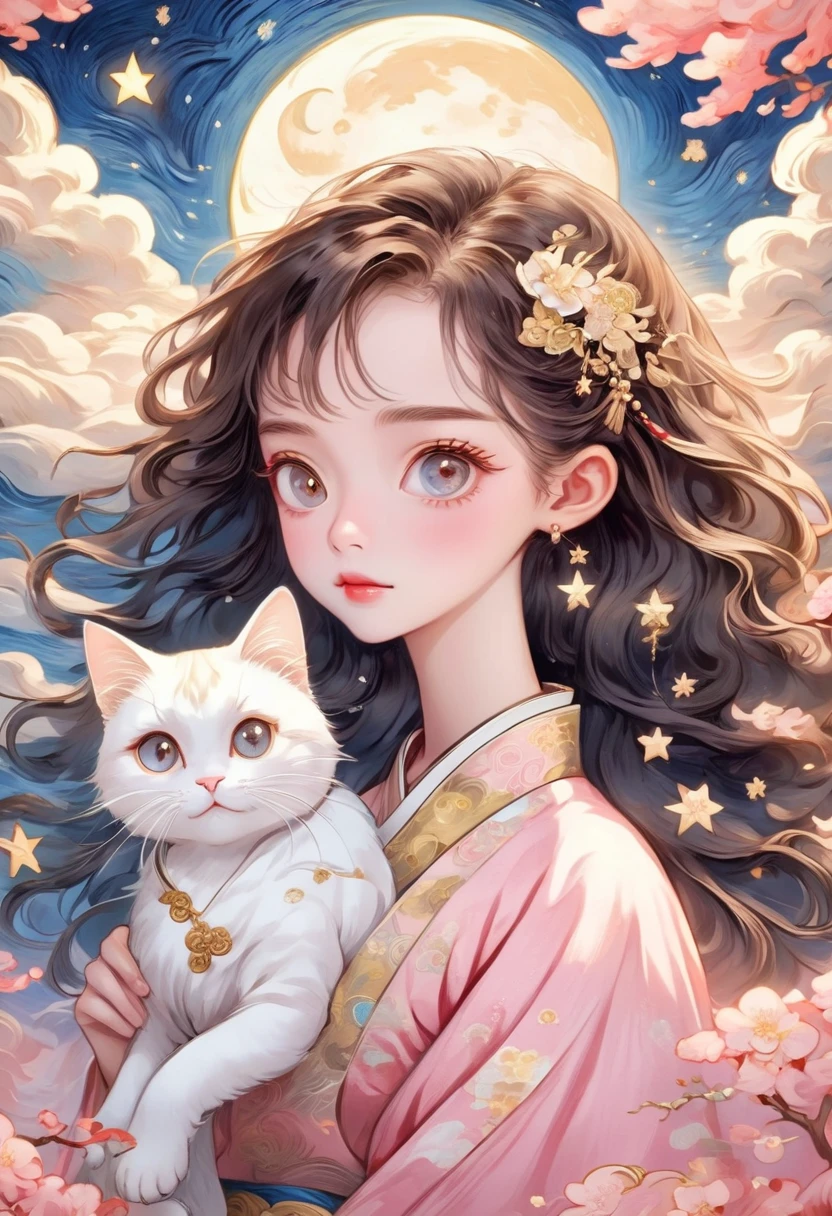 Hand-drawn style：粗糙的Texture，1 boy，1 girl，Beautiful face，Long fluffy hair，Surprise Hairstyle，Big eyes，Bright eyes，Delicate eyelashes，Hanfu，Human anatomy is correct。cloud，Star，moon，A white cat，Beautiful details，Texture，Pink and Gold，Immerse yourself in the art of Van Gogh