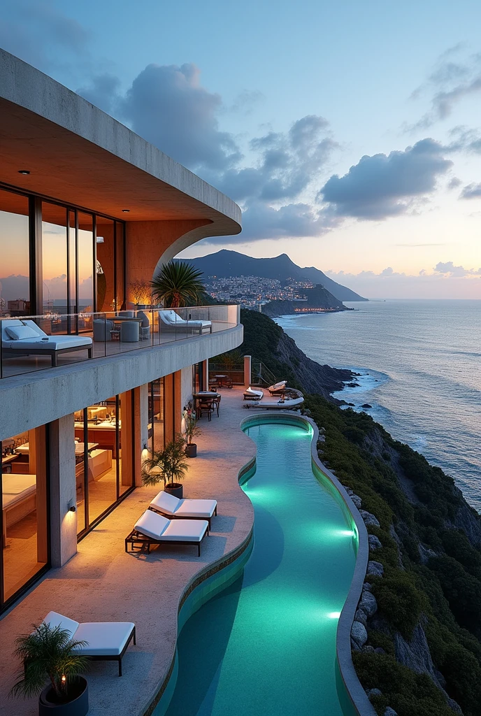 Modern designer resort hotel、A seamless blend of design and comfort、Ocean View、The soft glow of the evening light、A perfect balance between unconventional and practical、(Best Quality、4K、8k、High resolution、masterpiece:1.2)、Super detailed、(Real、Photorealistic、Photorealistic:1.37)、architecture、Interior Design、Cityscape、Dramatic lighting、Warm tones、Exquisite details、