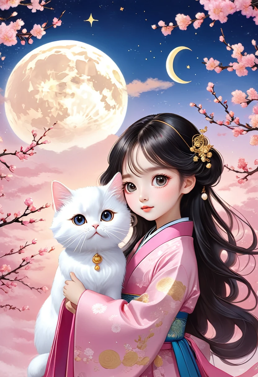 Hand-drawn style：粗糙的Texture，1 boy，1 girl，Beautiful face，Long fluffy hair，Surprise Hairstyle，Big eyes，Bright eyes，Delicate eyelashes，Hanfu，Human anatomy is correct。cloud，Star，moon，white cat，Beautiful details，Texture，Pink and Gold，Immerse yourself in the pink world of Van Gogh&#39;s art