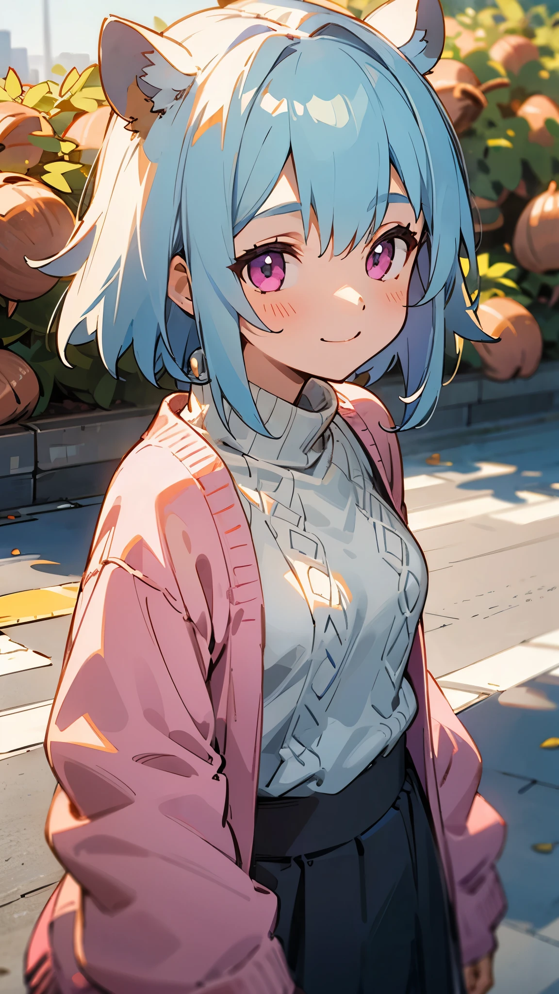 Girl、Light blue hair、Pink Eyes、smile、Small breasts、A lot of acorns、skirt、Knitwear、Cowboy Shot、Outdoor、morning、Tall building in the background、Sidewalk、Upper body close-up