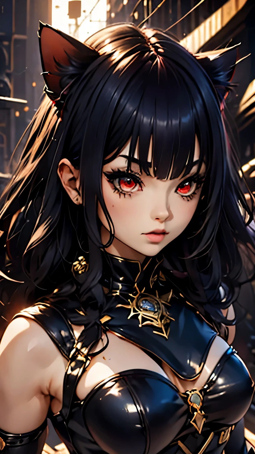 (junkotvv, red eyes, black hair, cat ears), (best quality,ultra-detailed,realistic:1.37),fantasy portrait,charcoal drawing,dramatic lighting,vibrant colors,wide-eyed girl,expressive lips,detailed facial features,confident expression,powerful stance,enchanted forest background,dynamic perspective,sharp focus,fierce wild-like hair,]"sexy" girl model[,[1],heterochromia,rebellious attitude,provocative pose,exquisite attention to clothing details,thigh-high boots,[colorful tattoos],mysterious aura,Eagle flying in the distance