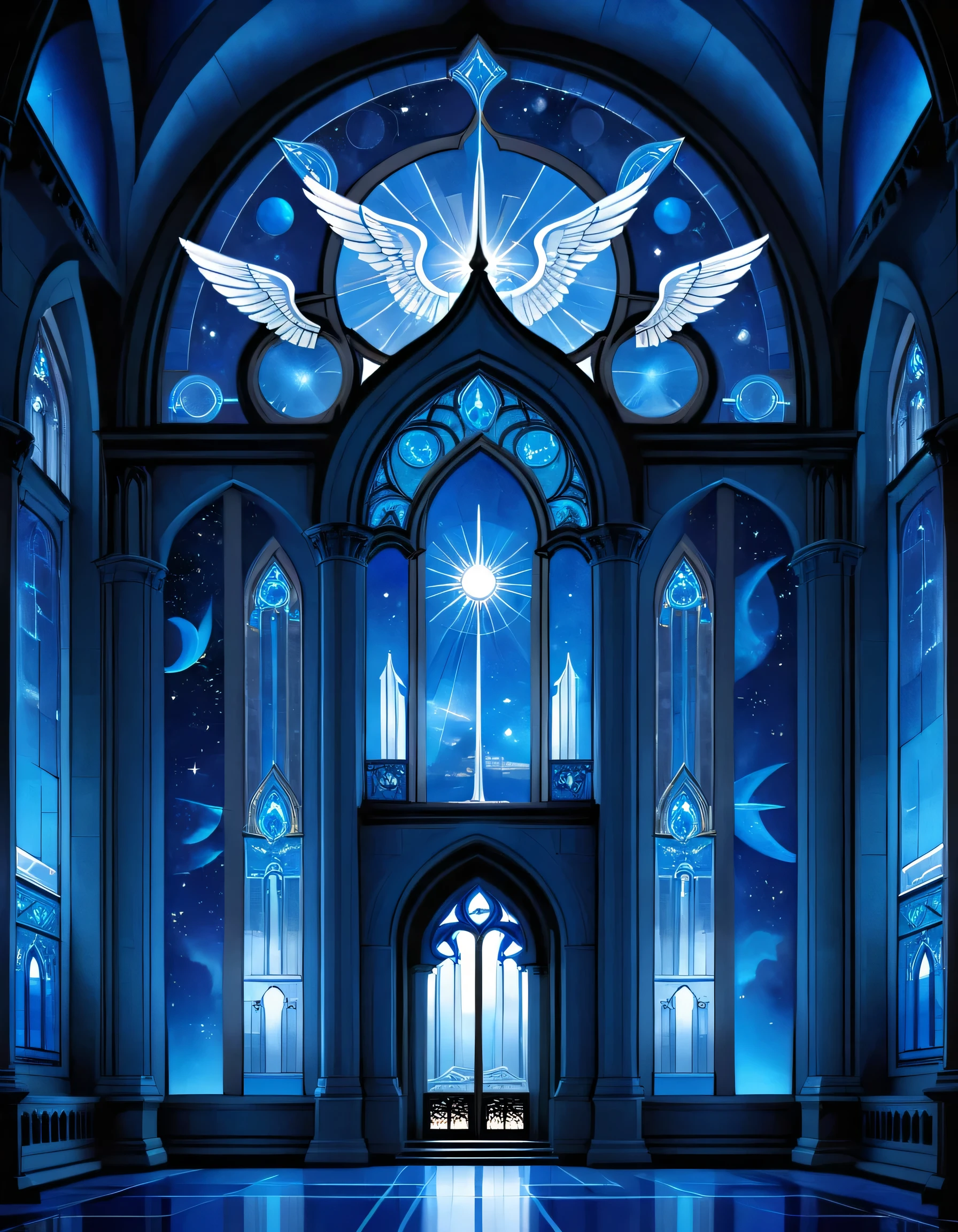 a blue print Architectural Design of a celestial temple with angelic wings, towers, bridges, turrets, gates stained glass windows, bl3uprint