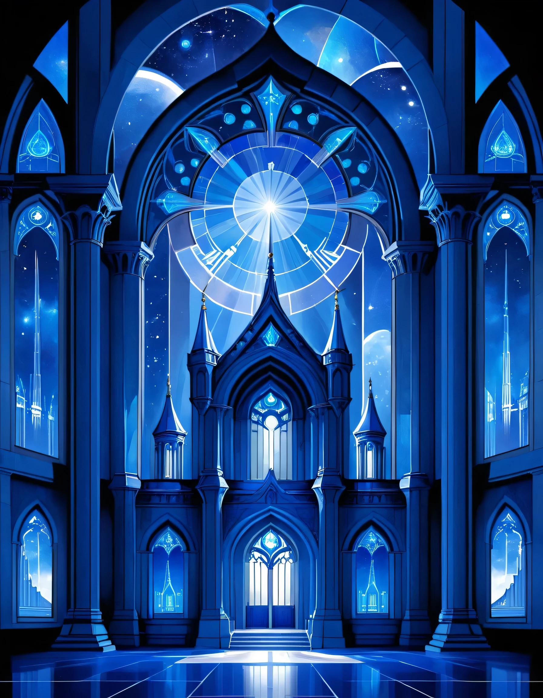 a blue print Architectural Design of a celestial temple with angelic wings, towers, bridges, turrets, gates stained glass windows, bl3uprint