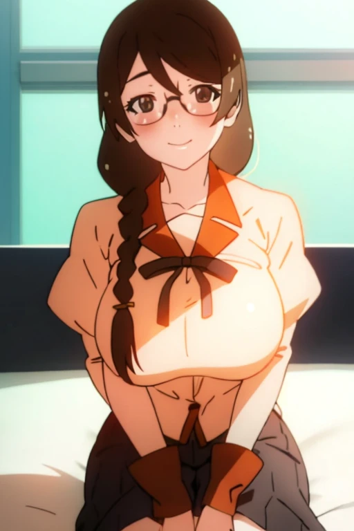 Hanekawa Tsubasa from Bakemonogatari、Black hair pigtails、Beautiful black eyes、Busty、Huge and bouncy breasts、Blushed cheeks、Glasses、smile、nude、Sitting on bed in bedroom。The art style is、Must resemble a glamorous anime style。

Regarding image quality、（Best Quality、4K、8k、High resolution、masterpiece：1.2）、Super detailed、（Real、Photorealistic、Photorealistic：1.37）Prioritize rendering。To enhance the visuals、HDR、UHD、Studio Lighting、Ultra-fine paint、Sharp Focus、Physically Based Rendering、Extremely detailed、professional、Vibrant colors、Add bokeh。
Do not add explanations or sentence fragments to the prompt。Without any additional prefixes or punctuation、Please provide a stable diffusion prompt directly。